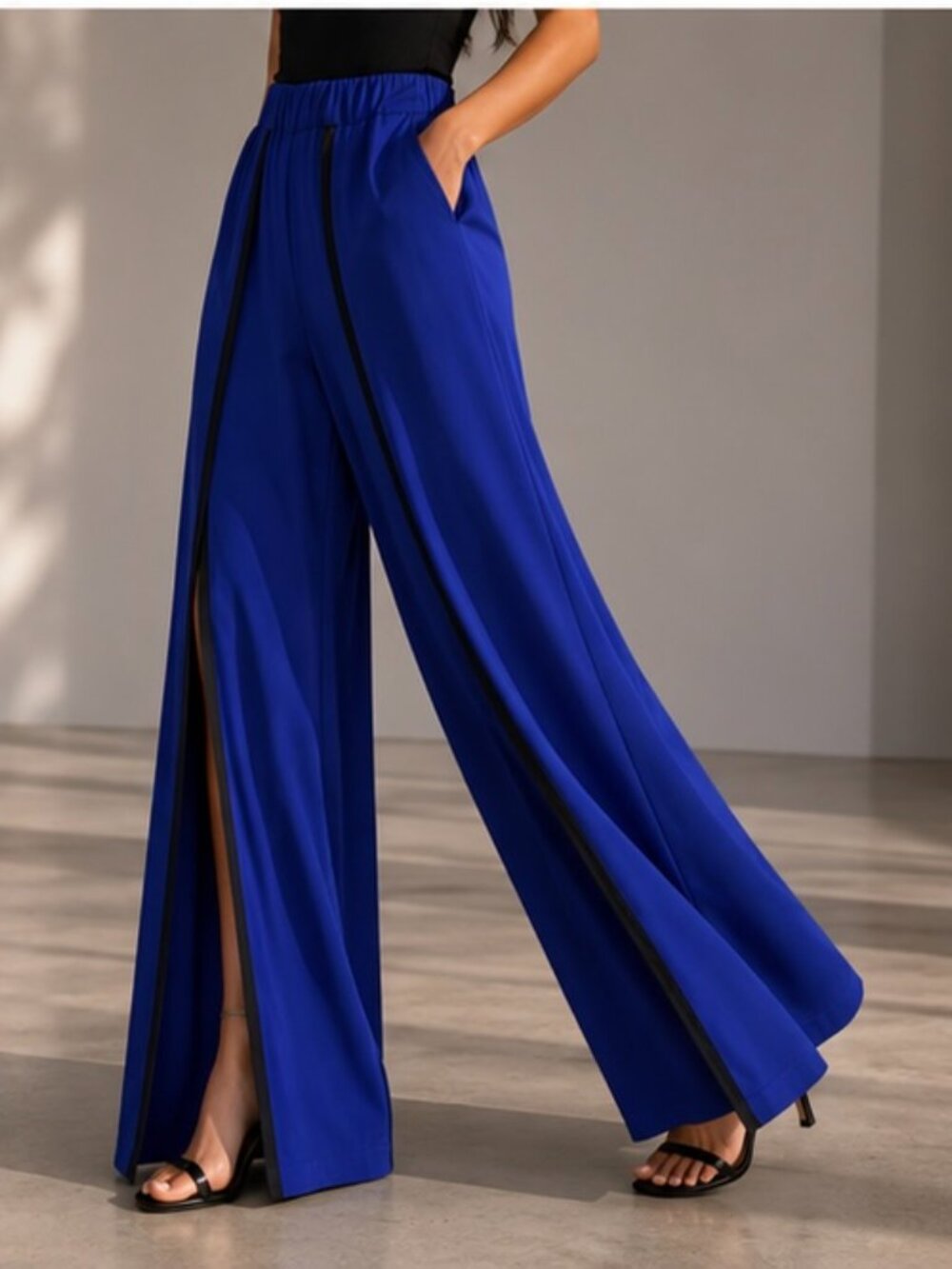 NWT Pier Antonio Gaspari Blue Palettes Pleated Wide Leg Pants Size 42 (IT) - Bla